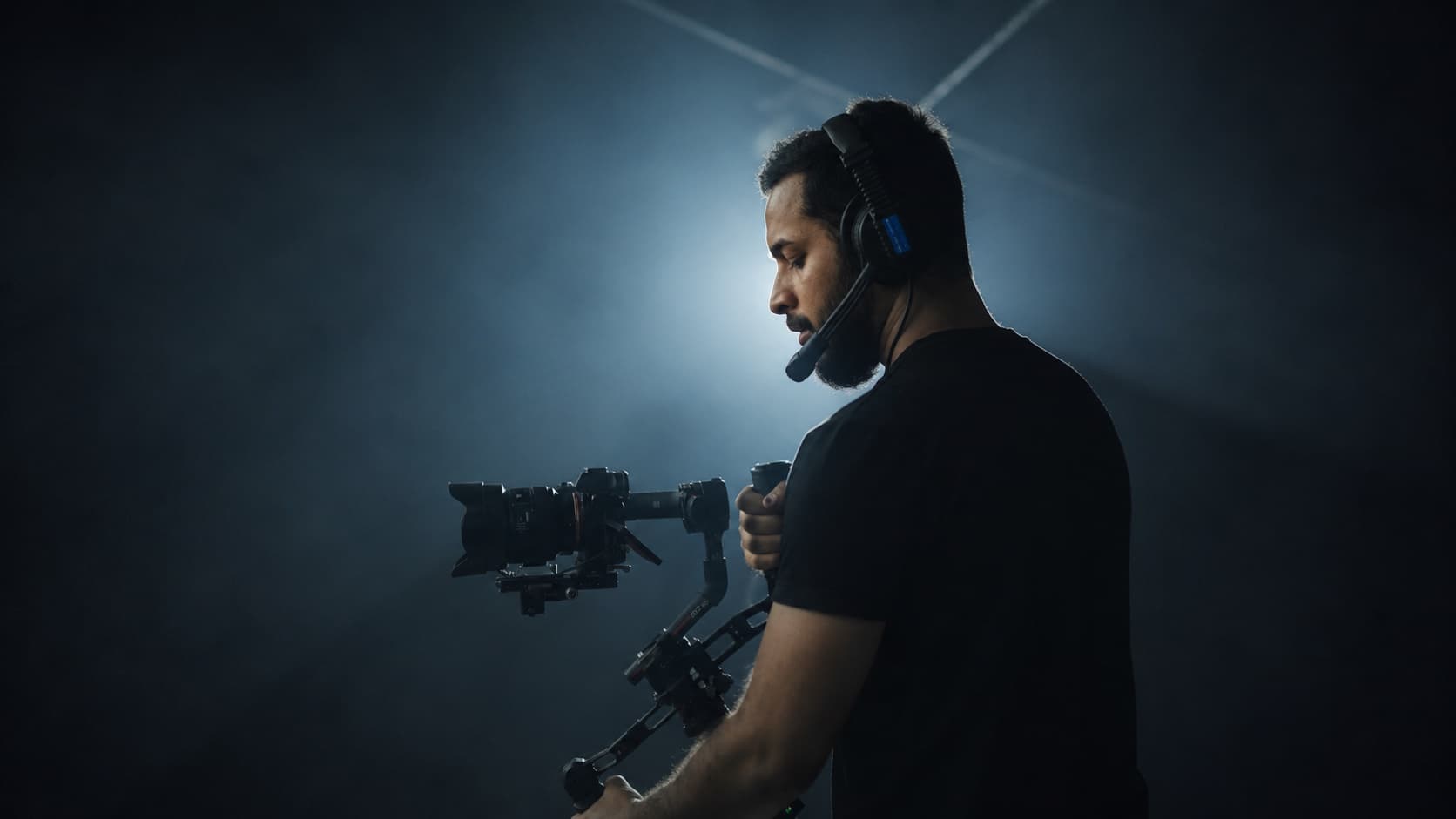 Qaisar Amjad on set with a gimbal-mounted cinema camera
